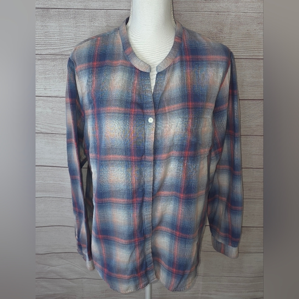 L.L.Bean Plaid Button-down Shirt With Mandarin Collar Size XL